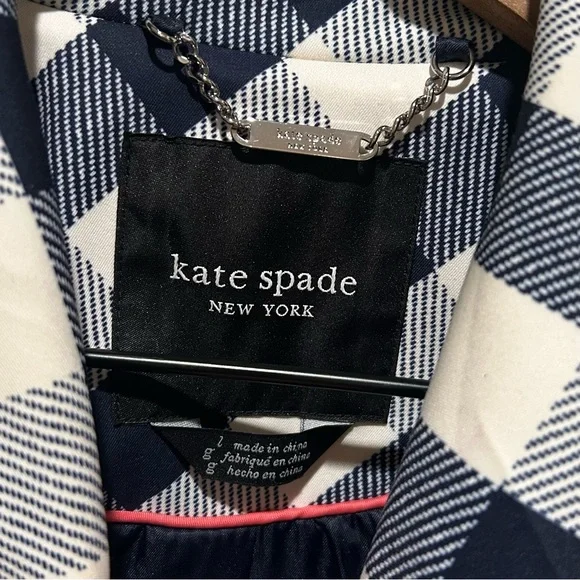 Kate Spade New York Water Resistant Blue & White Gingham Plaid Trench Raincoat - Picture 3 of 7